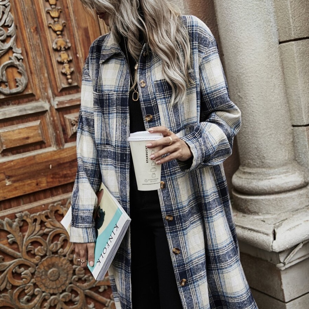 fall plaid long button down trench coat jacket